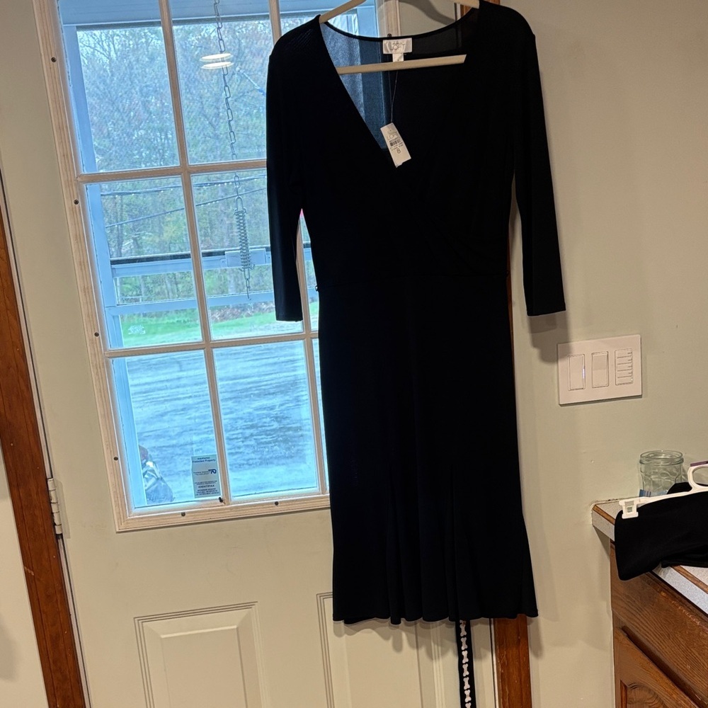 LOFT Black Long Sleeve V-Neck Fit-and-Flare Dress